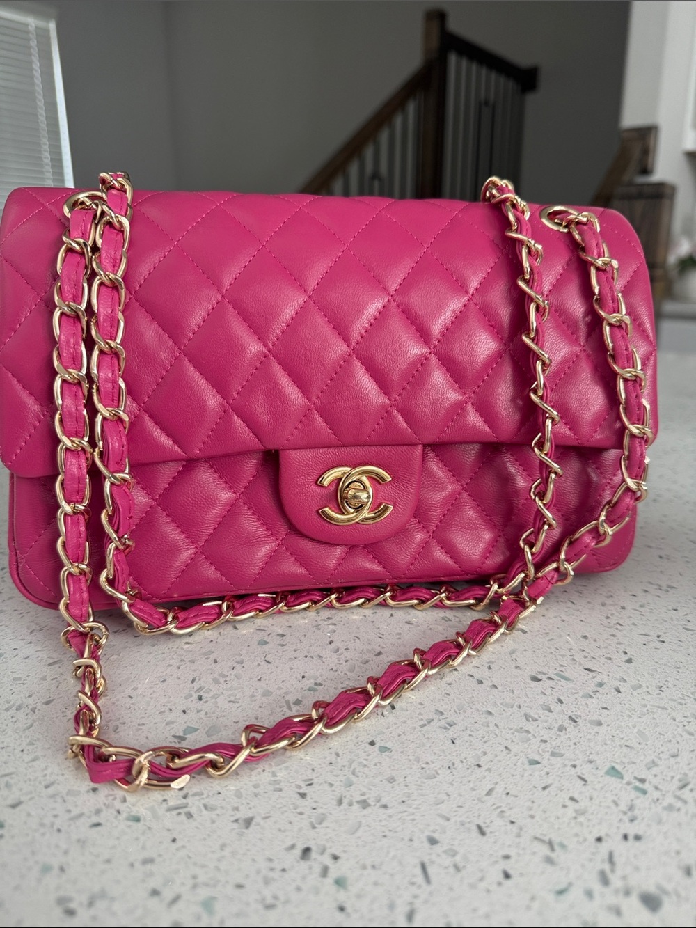Quilted Double Flap Shoulder Bag in Fuchsia Pink with Gold Hardware